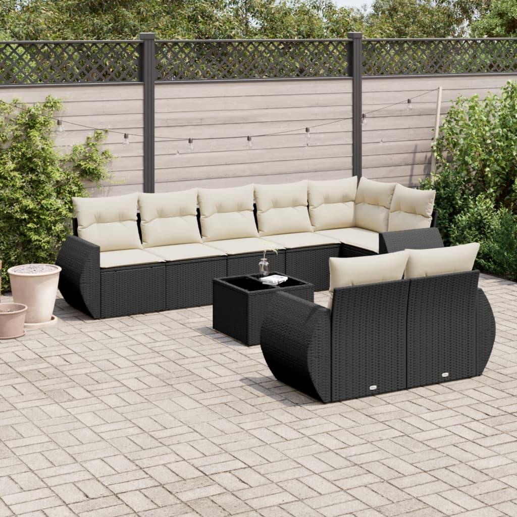 Sofasæt til haven i polyrattan - 9 dele med hynder, sort