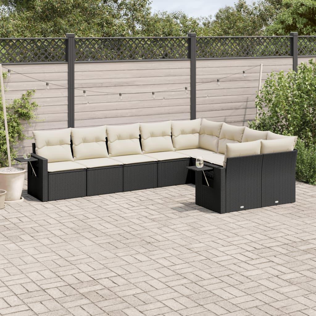 Havesofasæt i polyrattan - 9 dele med hynder, sort/creme