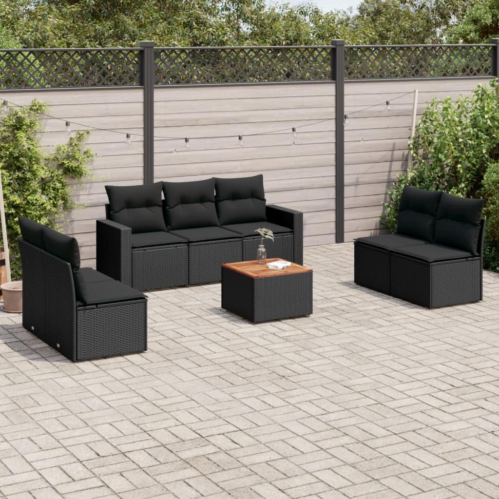 Sofasæt til haven i polyrattan - 8 dele med hynder, sort