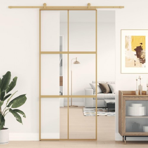 Skydedør 90×205 cm - klart sikkerhedsglas og aluminium, guldfarvet