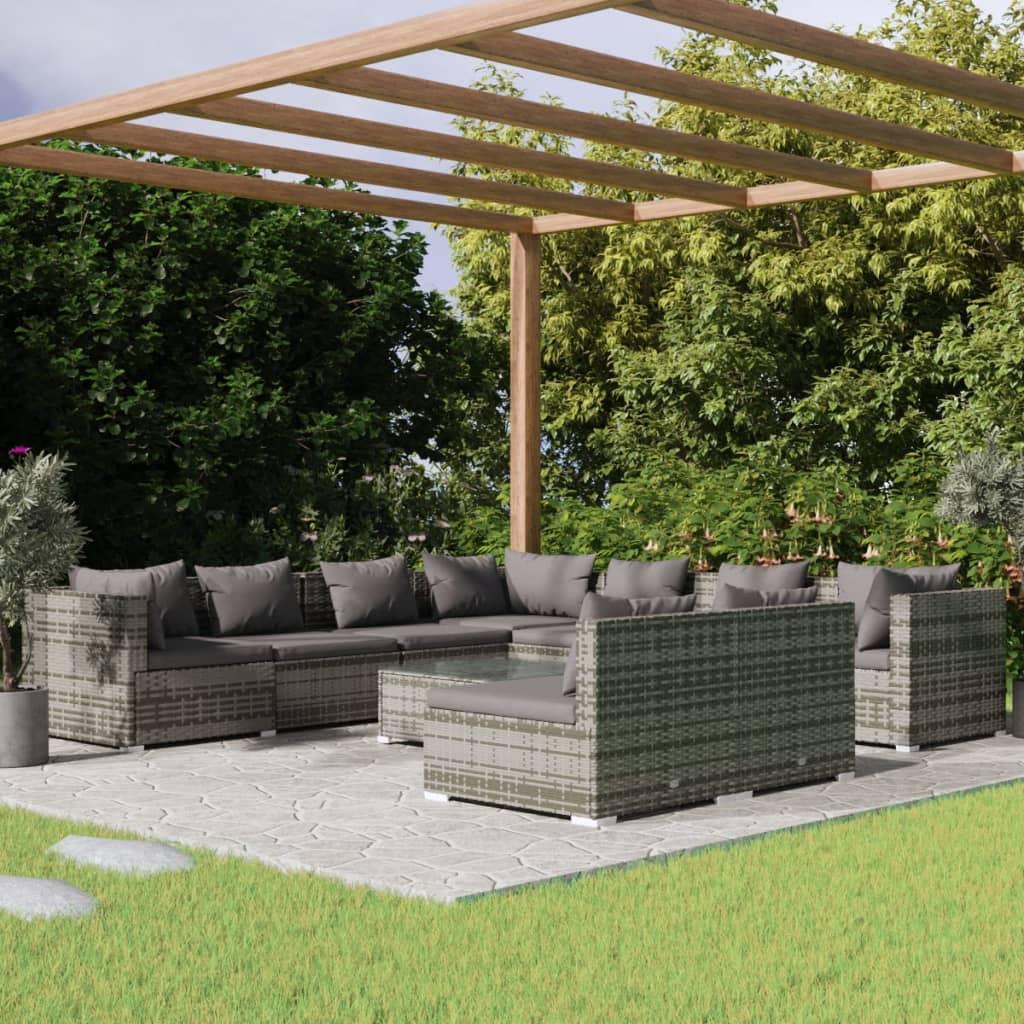 vidaXL loungesæt til haven 10 dele med hynder polyrattan grå