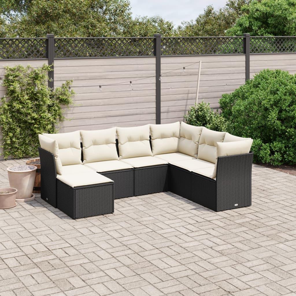 Havesofasæt i polyrattan - 7 dele med hynder, sort/creme