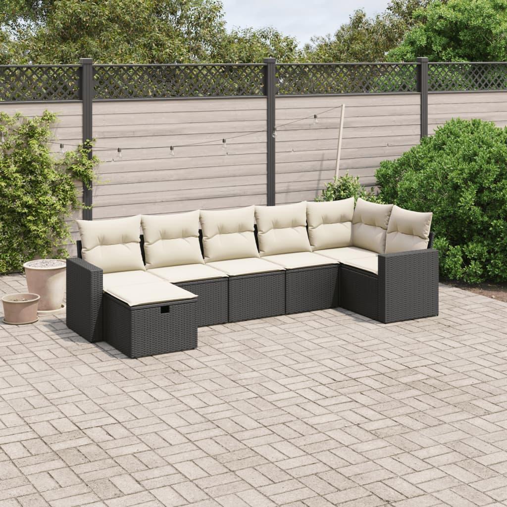Sofasæt til haven i polyrattan - 7 dele med hynder, sort/creme
