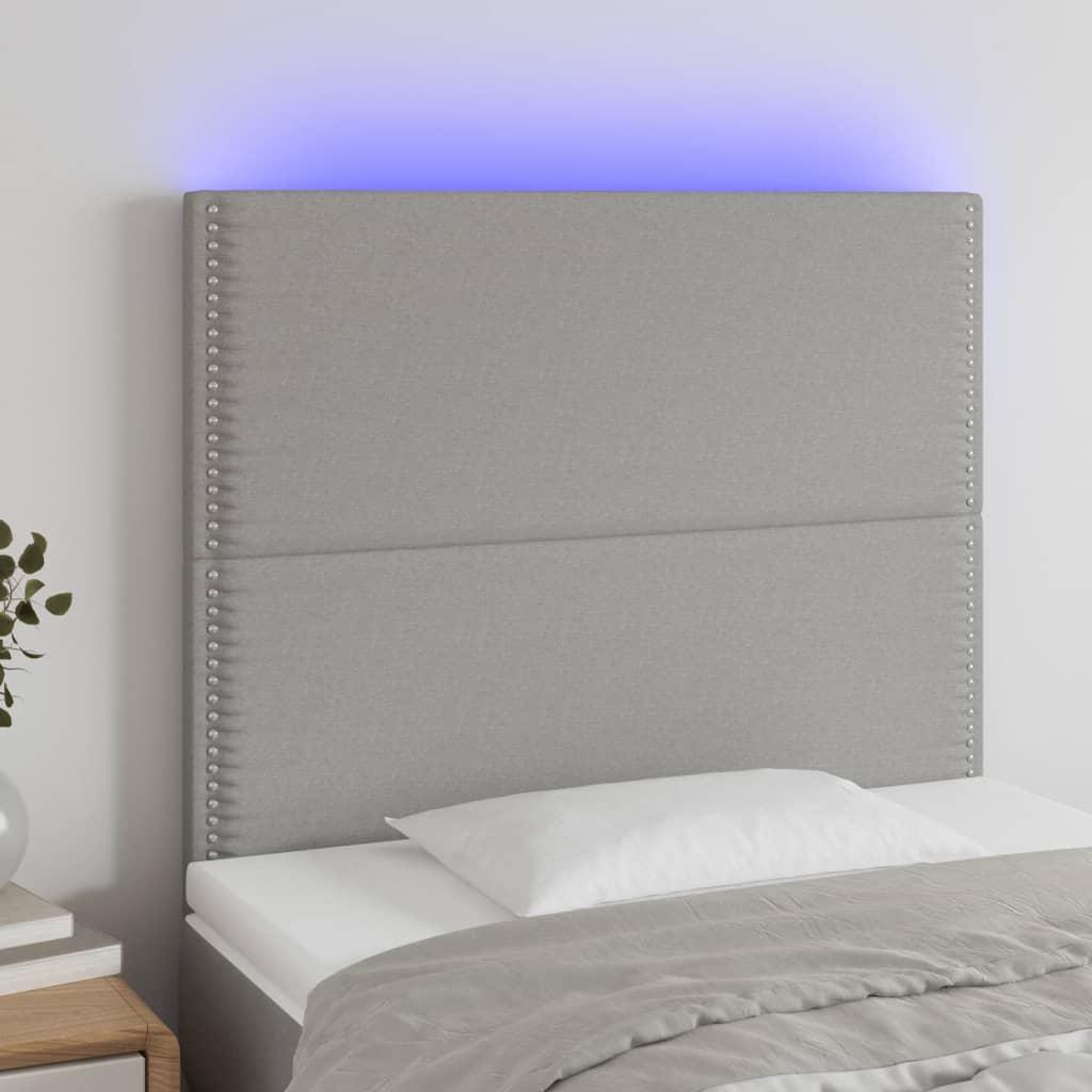 Sengegavl med LED-lys 80x5x118/128 cm stof lysegrå