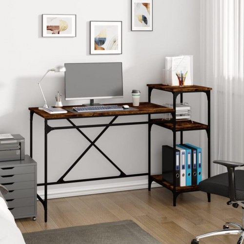 Skrivebord med hylder 135×50×90 cm - røget eg/jer n, industrielt design