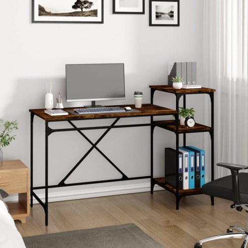 Skrivebord med hylder 135×50×90 cm - røget eg/jer n, industrielt design