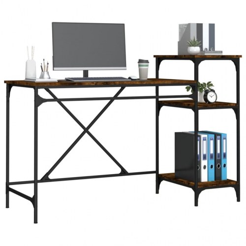 Skrivebord med hylder 135×50×90 cm - røget eg/jer n, industrielt design