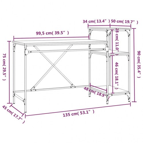 Skrivebord med hylder 135×50×90 cm - røget eg/jer n, industrielt design