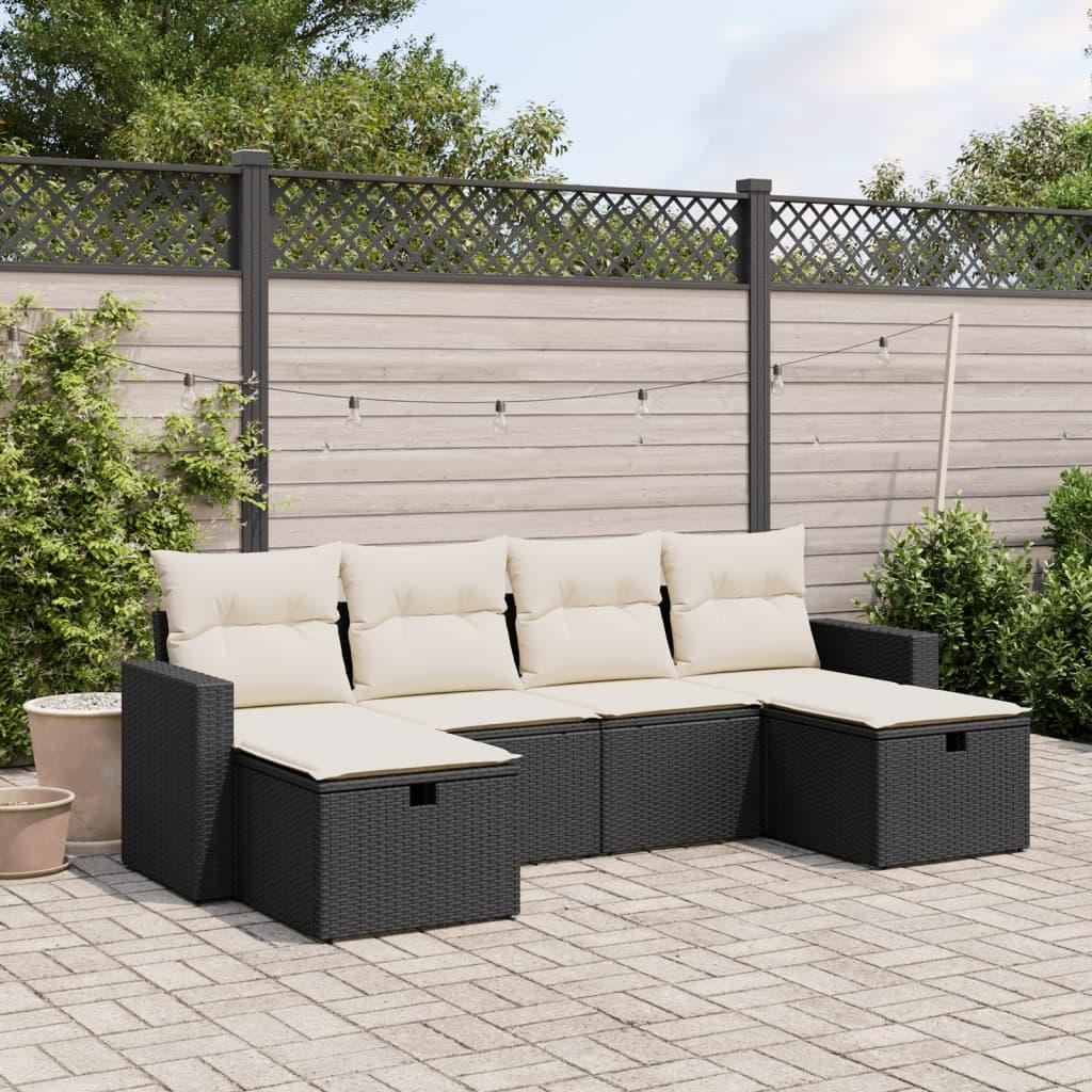 Sofasæt til haven - 6 dele i sort polyrattan med cremefarvede hynder