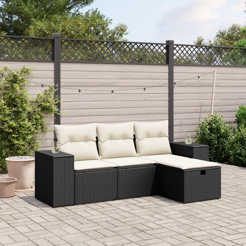 Sofasæt til haven i polyrattan - 4 dele med hynder, sort