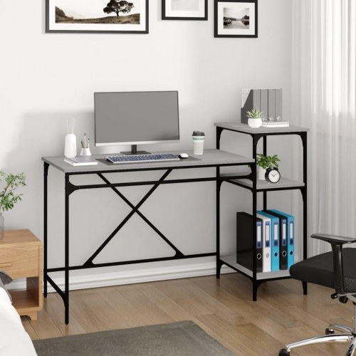 Skrivebord med hylder 135×50×90 cm - konstrueret træ og jern, grå sonoma-eg