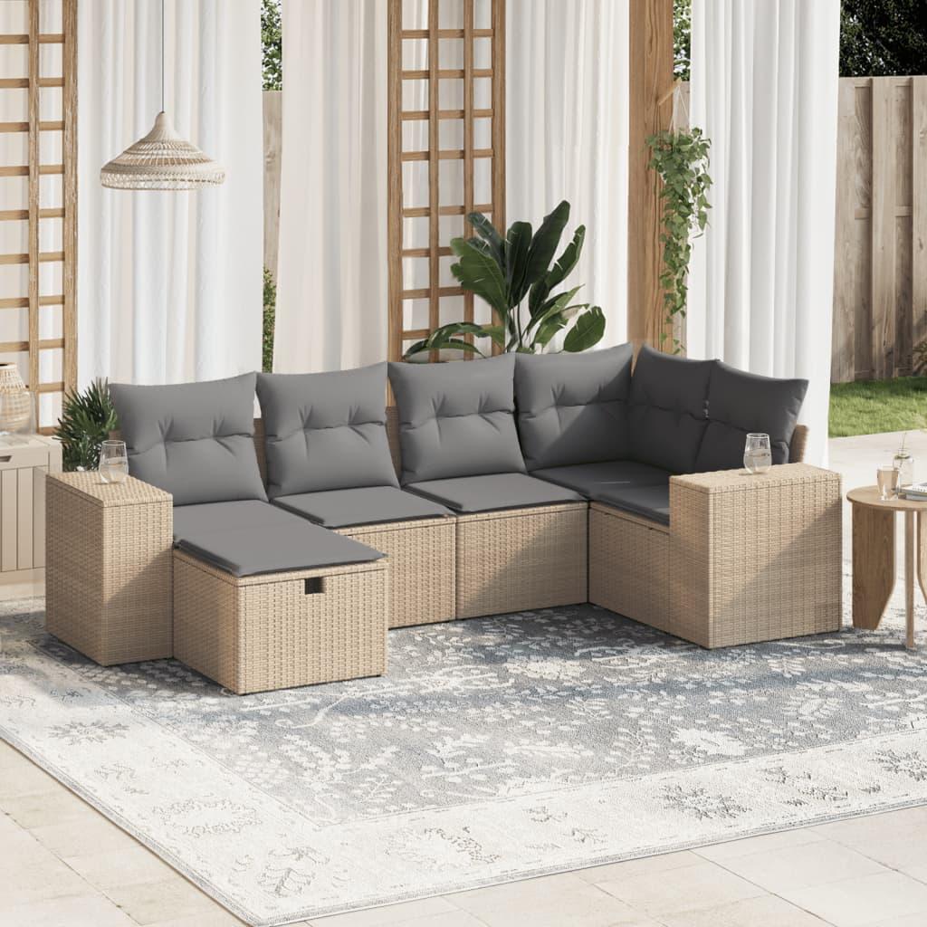 Havesofasæt 6 dele med hynder i polyrattan beige og lysegrå