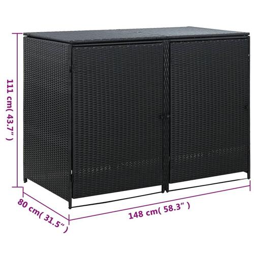 Dobbelt skraldespandsskjuler polyrattan sort 148 x 80 x 111 cm