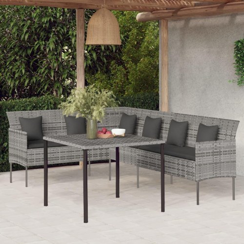 Spisebordssæt til haven i polyrattan - L-formet sofa + bord, grå