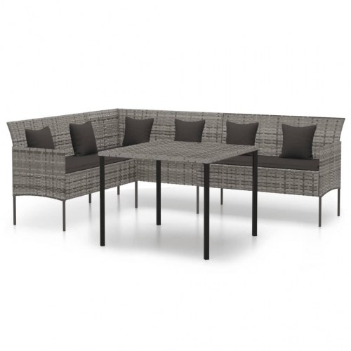 Spisebordssæt til haven i polyrattan - L-formet sofa + bord, grå