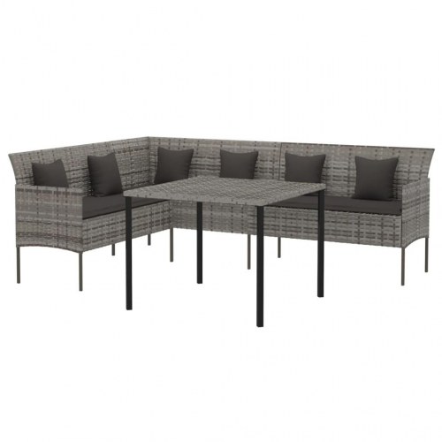 Spisebordssæt til haven i polyrattan - L-formet sofa + bord, grå