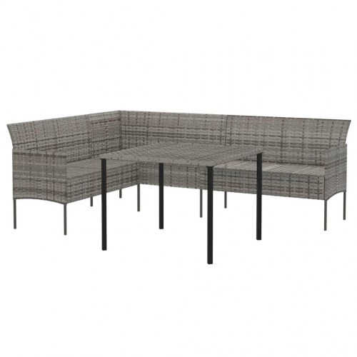 Spisebordssæt til haven i polyrattan - L-formet sofa + bord, grå