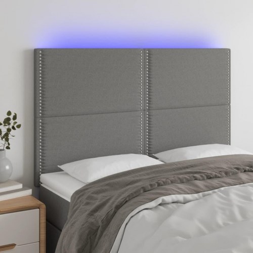 Sengegavl med LED-lys 144×5×118/128 cm - stof, mørkegrå