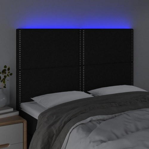 Sengegavl med LED-lys 144×5×118/128 cm - stof, sort