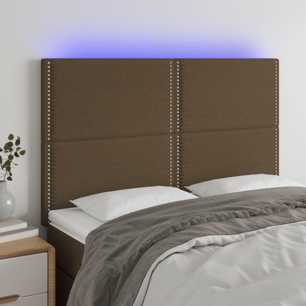 Sengegavl med LED-lys 144x5x118/128 cm stof mørkebrun