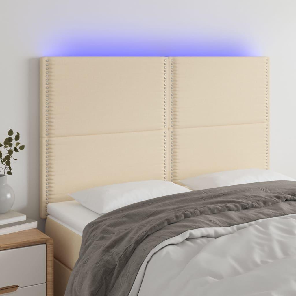 Sengegavl med LED-lys 144x5x118/128 cm stof cremefarvet