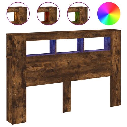 Sengegavl m. LED-lys 160x18,5x103,5 cm konstrueret træ røget eg