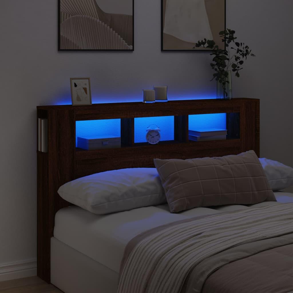 Sengegavl m. LED-lys 160x18,5x103,5 cm konstrueret træ brunt eg