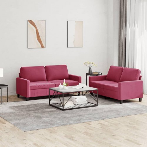 Sofasæt i velour - 2-personers + 2-personers, vinrød