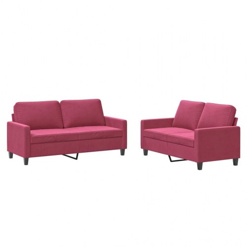 Sofasæt i velour - 2-personers + 2-personers, vinrød