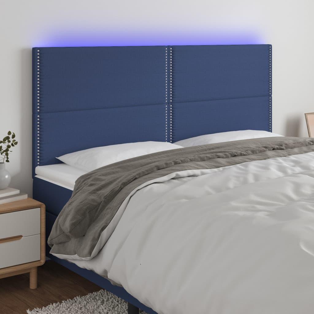 Sengegavl med LED-lys 200 × 5 × 118/128 cm - stof, blå