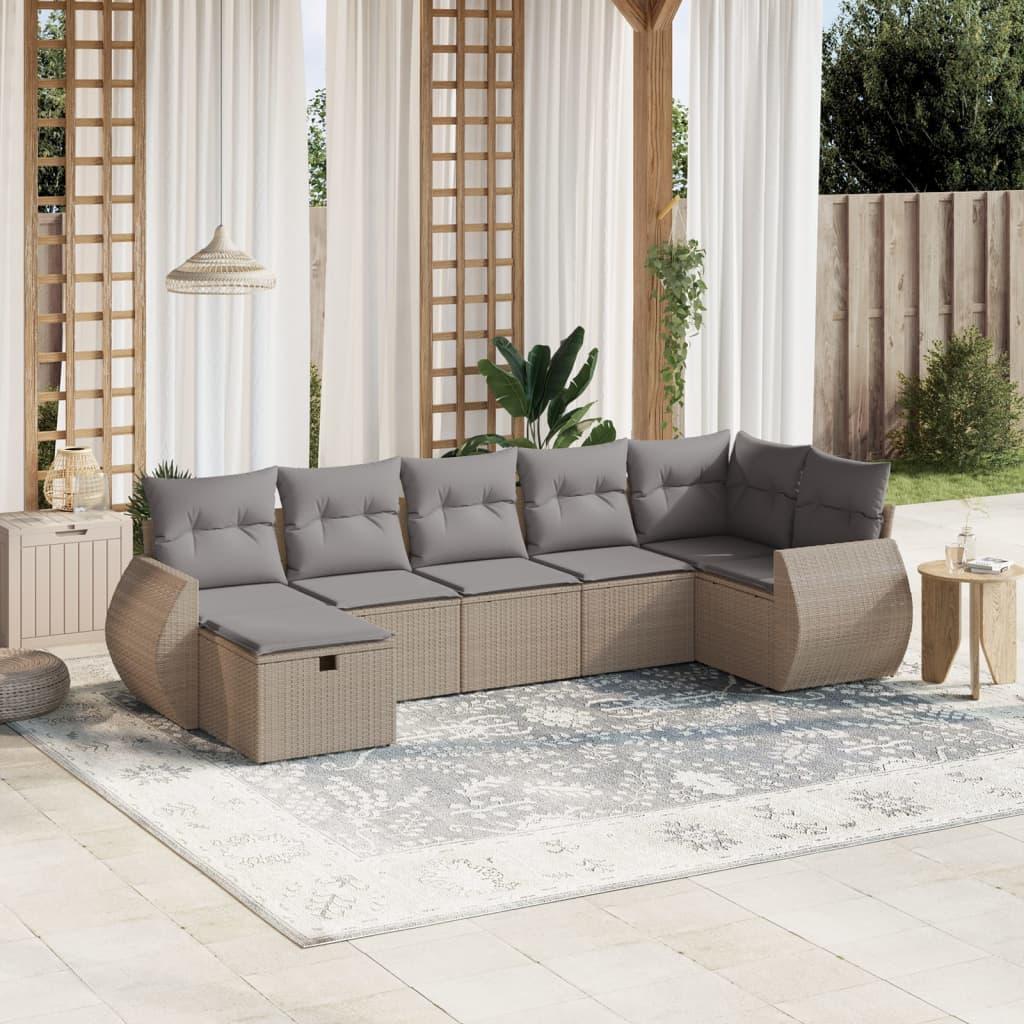 Havesofasæt 7 dele med hynder i polyrattan - beige og lysegrå
