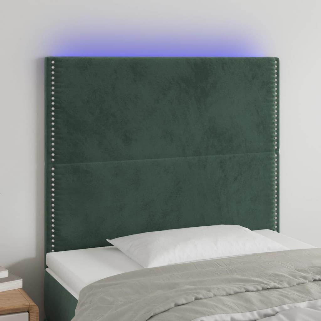 Sengegavl med LED-lys 90x5x118/128 cm fløjl mørkegrøn billede