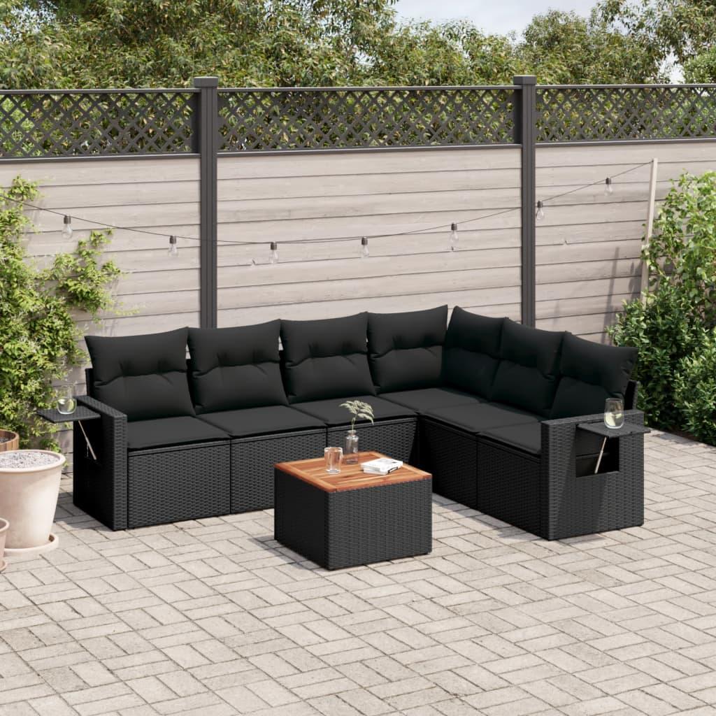Sofaesæt Til Haven 7 Dele Med Hynder Polyrattan - Sort / hjørnedel bord 3x midterdel lænestol