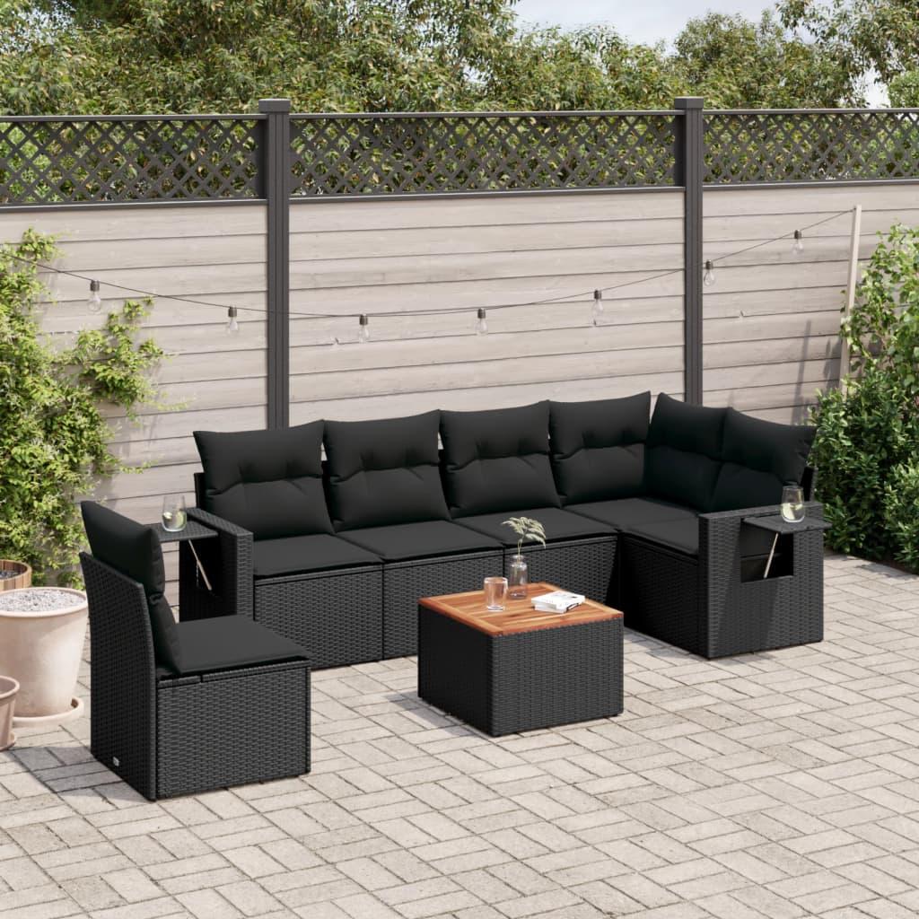 Sofaesæt Til Haven 7 Dele Med Hynder Polyrattan - Sort / 3x midterdel bord hjørnedel