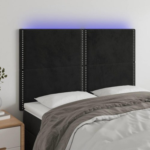 Sengegavl med LED-lys 144 x 5 x 118/128 cm - sort fløjl