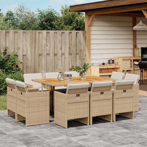 Spisebordssæt til haven 11 dele med hynder polyrattan beige