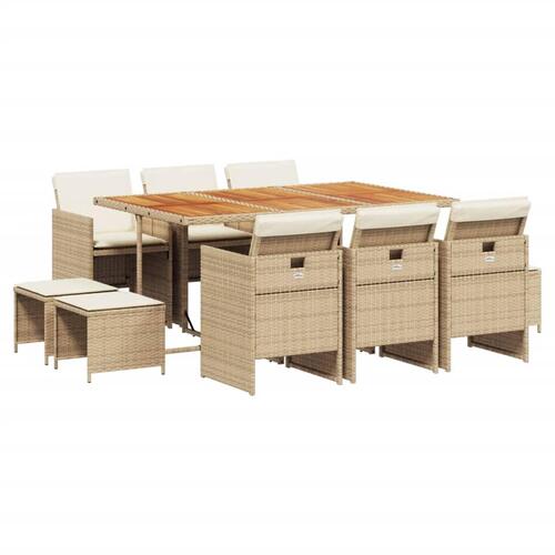 Spisebordssæt til haven 11 dele med hynder polyrattan beige
