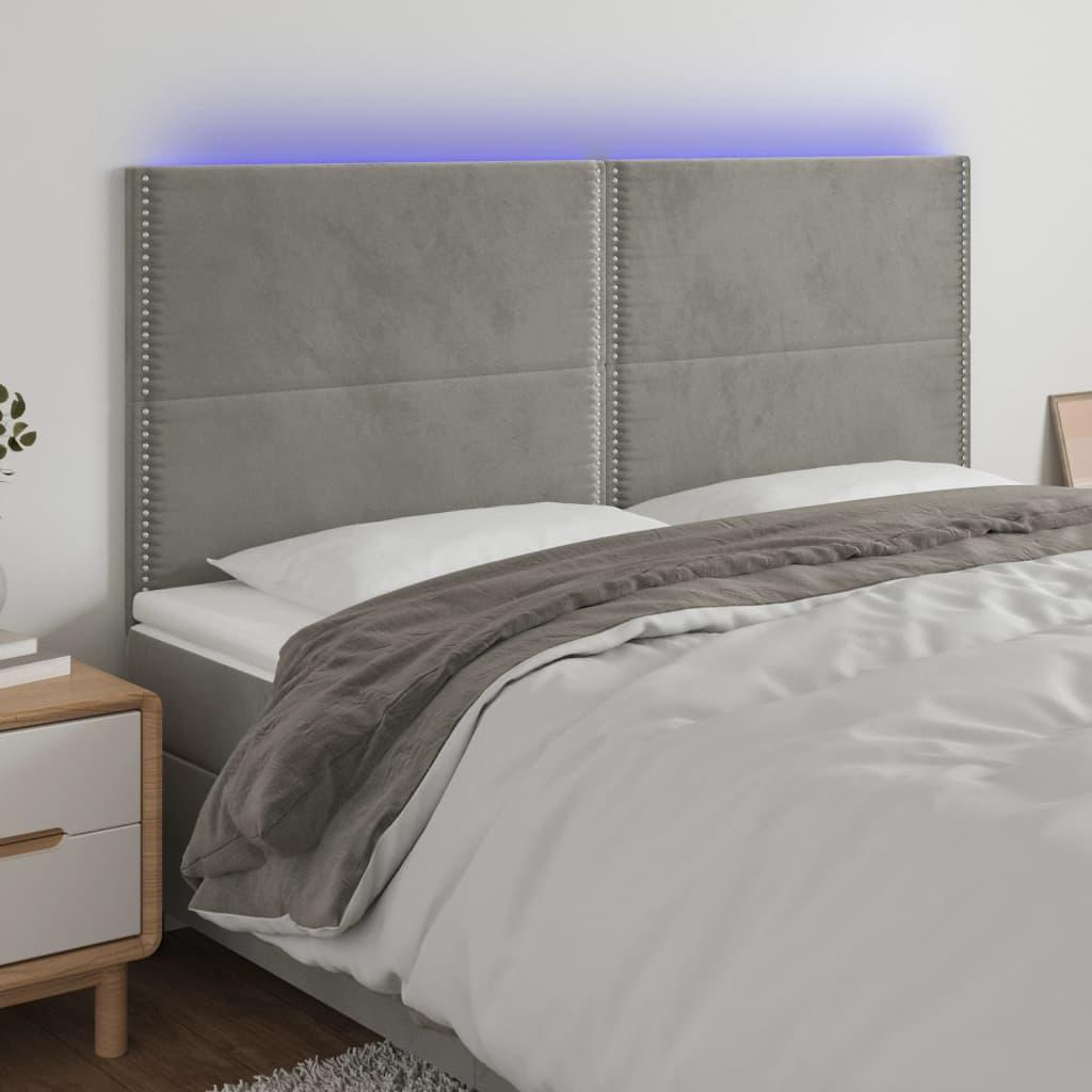 Sengegavl med LED-lys 180x5x118/128 cm fløjl lysegrå