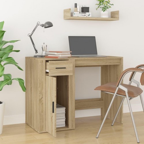 Skrivebord 100×49×75 cm i konstrueret træ - sonoma-eg, med skuffe og skab