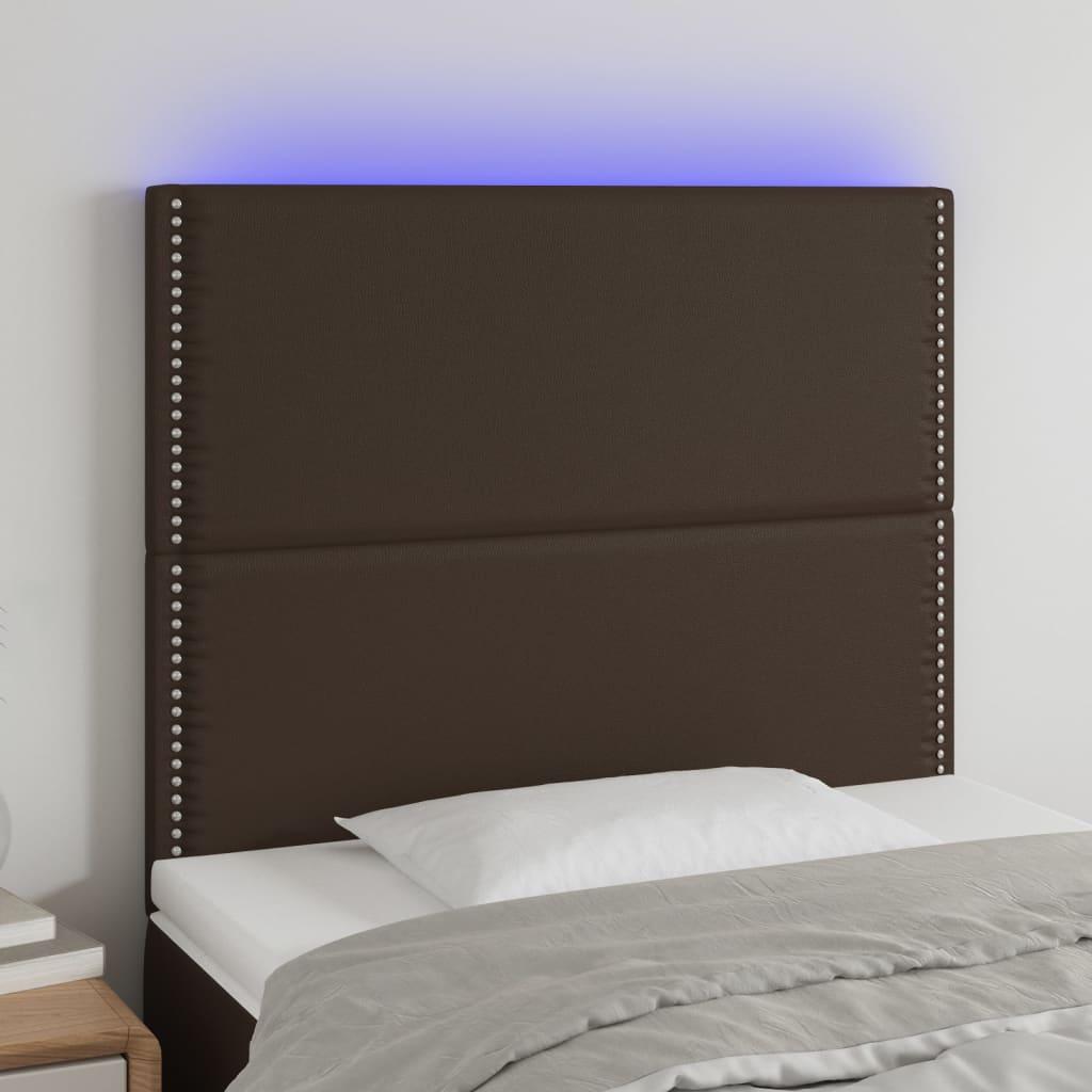 Sengegavl med LED-lys 90x5x118/128 cm kunstlæder brun