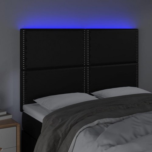 Sengegavl med LED-lys i kunstlæder - sort, 144 x 5 x 118/128 cm