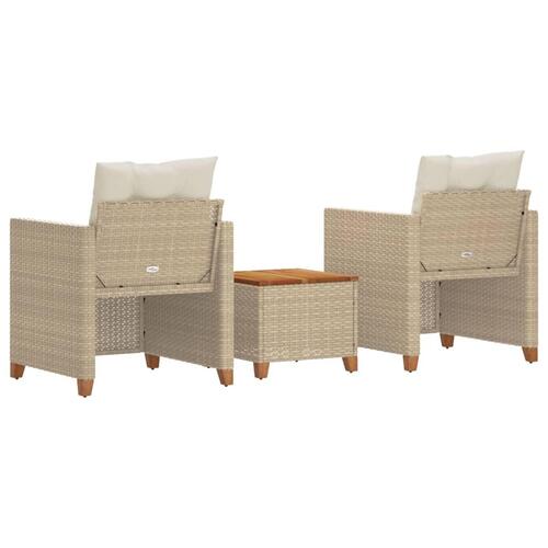 Bistrosæt 3 dele med hynder polyrattan og akacietræ beige