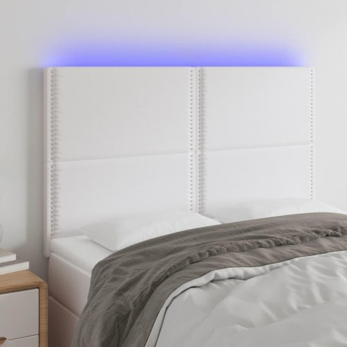Sengegavl med LED-lys 144x5x118/128 cm kunstlæder hvid