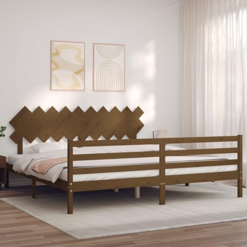 Sengeramme med sengegavl 200x200 cm massivt træ gyldenbrun