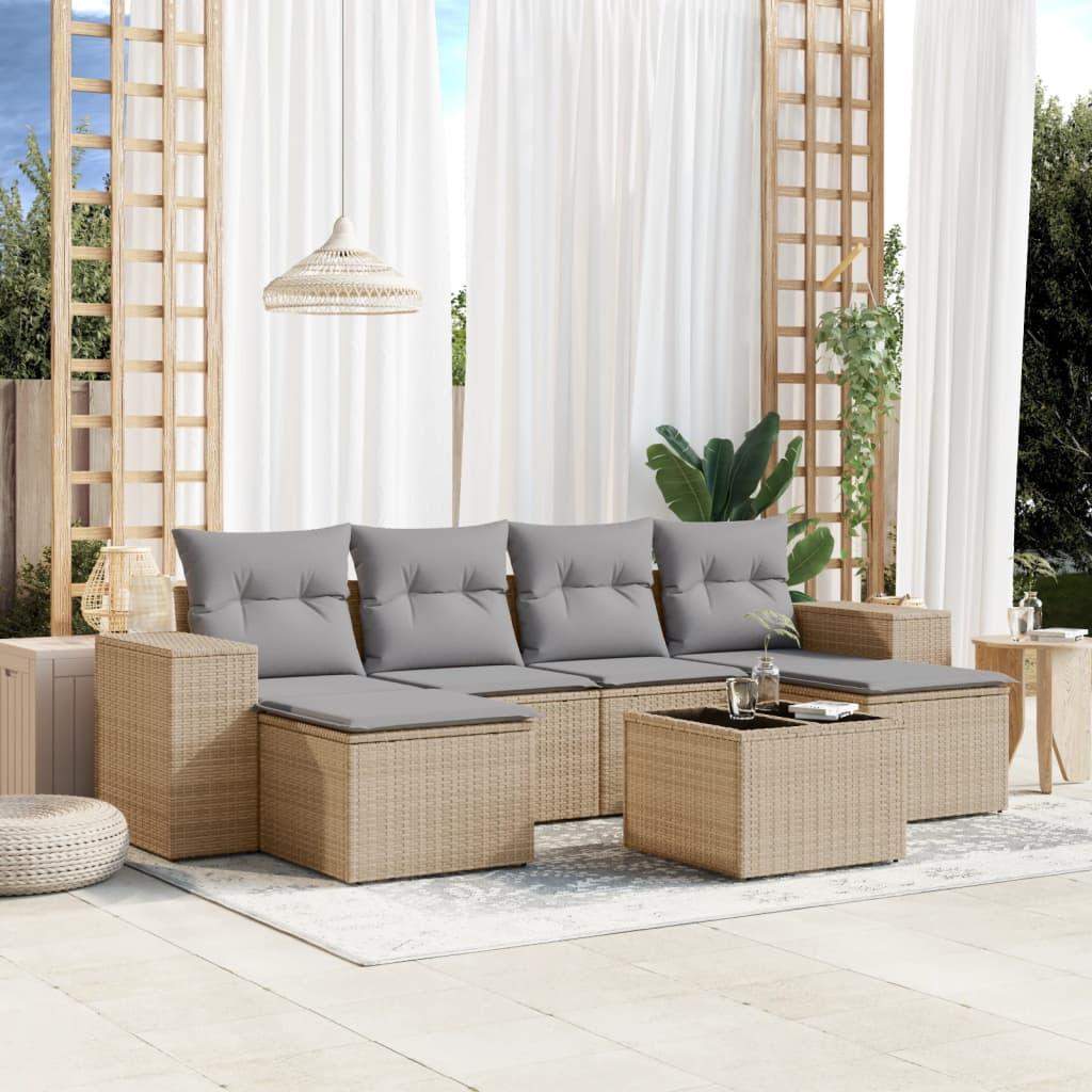 Sofasæt Til Haven 7 Dele Med Hynder Polyrattan Beige - beige og lysegrå / Med bord