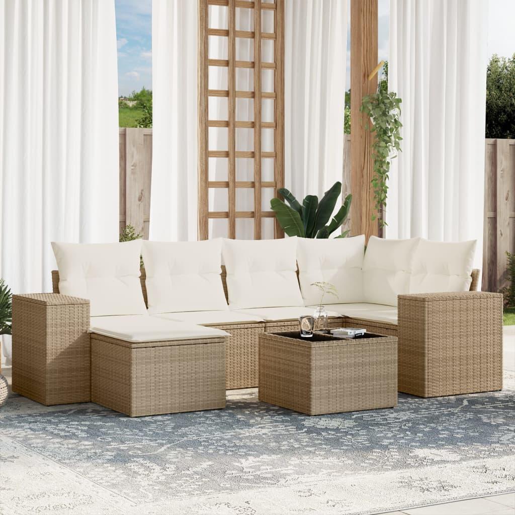Sofasæt Til Haven 6 Dele Med Hynder Polyrattan Grå - beige og cremefarvet / Med bord