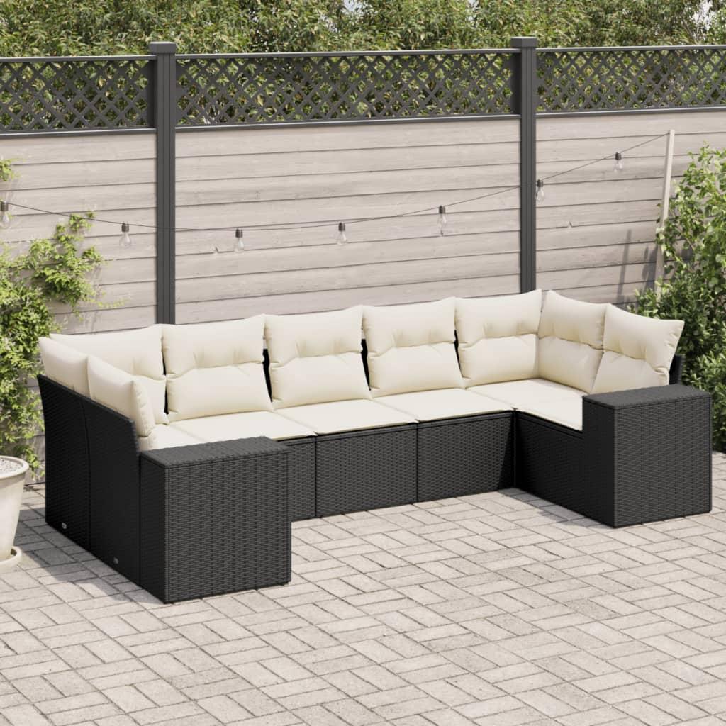 Sofasæt til haven i polyrattan - 7 dele med hynder, sort/creme