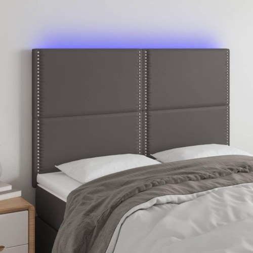 Sengegavl med LED-lys i kunstlæder - grå, 144 x 5 x 118/128 cm