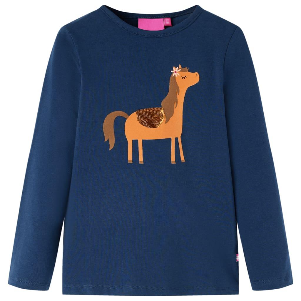 Langærmet T-shirt til børn str. 116 - marineblå med pony