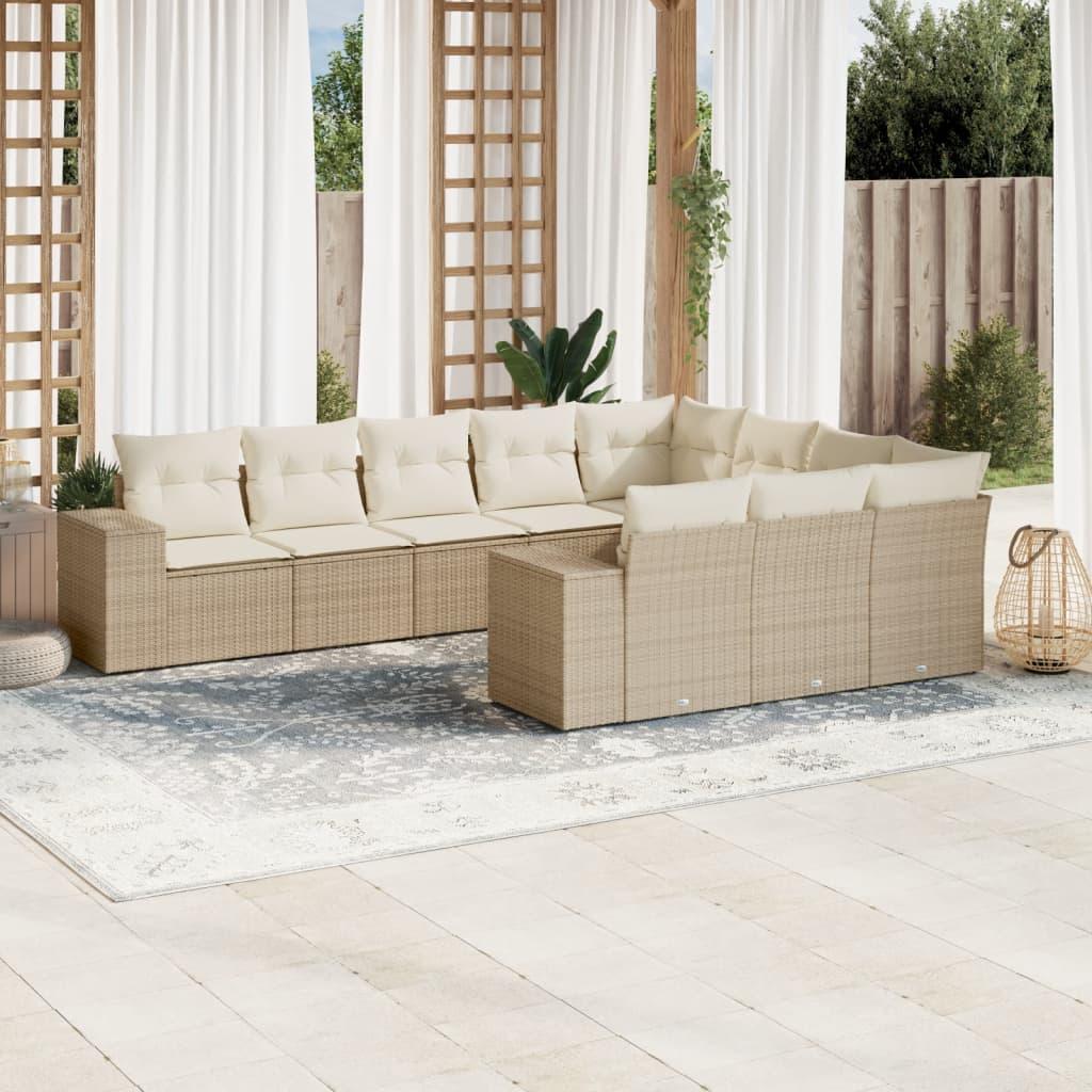Sofasæt til haven i polyrattan, 10 dele med hynder - beige